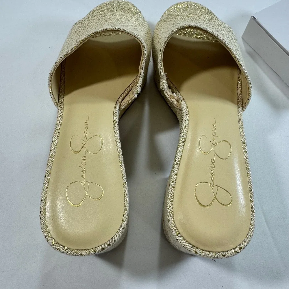 New Jessica Simpson Elenoa Gold Metallic Woven Platform Slide Sandals Heels 8.5M